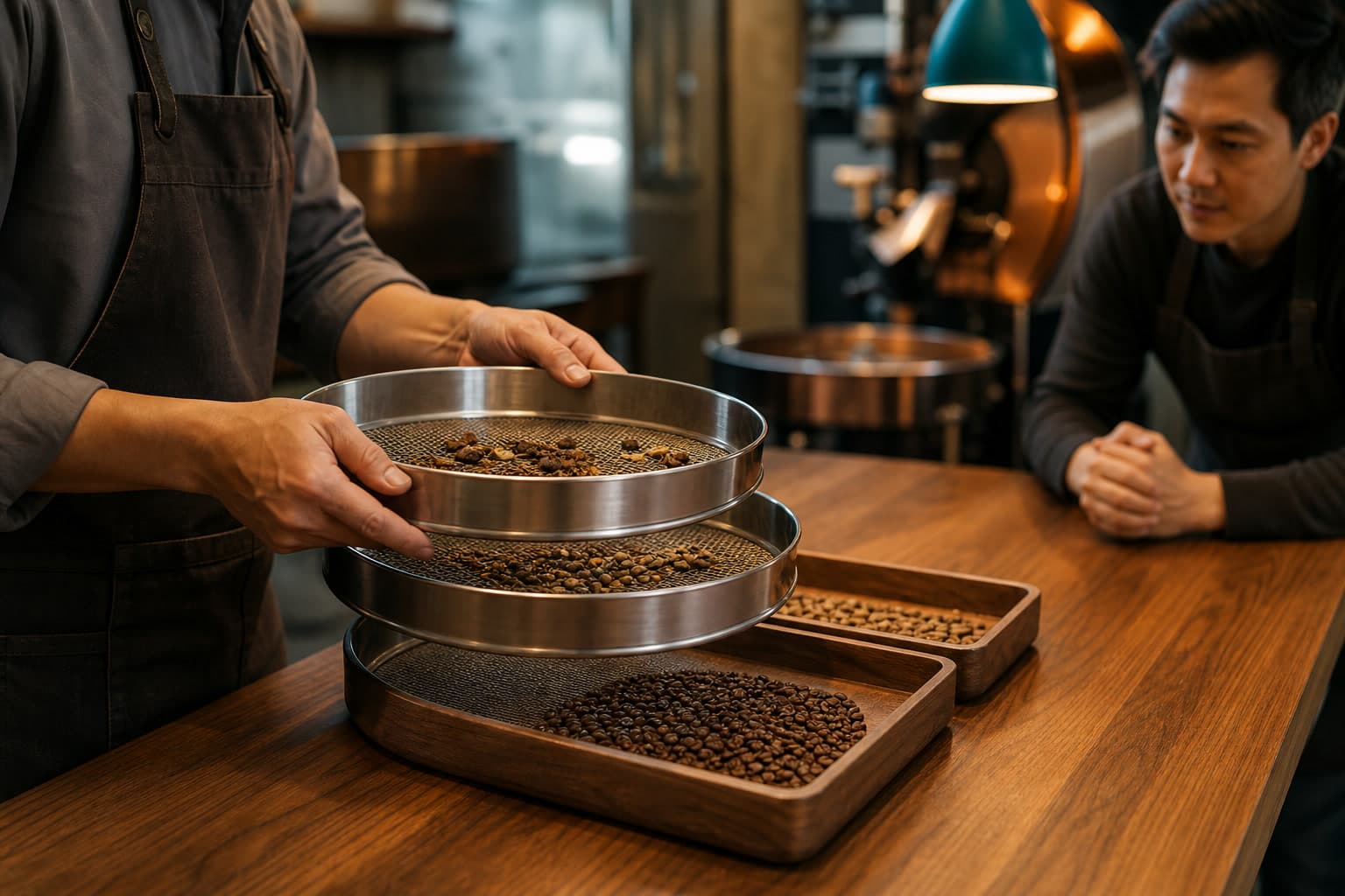 A barista sorts roasted coffee beans through stacked stainless-steel grading sieves above wooden trays while a second barista observes.