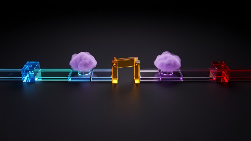 A glass workflow rail with locked blue segments for deterministic code steps, drifting violet fog nodes for language-model reasoning, one amber gate for human approval, and a red stop switch marking the rollback point.