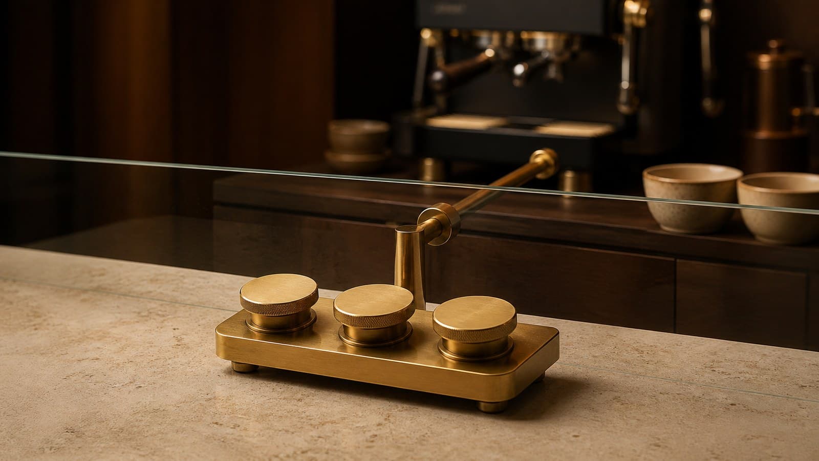 An unlabeled three-dial brass instrument sits in front of a glass partition, with a brewing machine and two cream vessels behind it.
