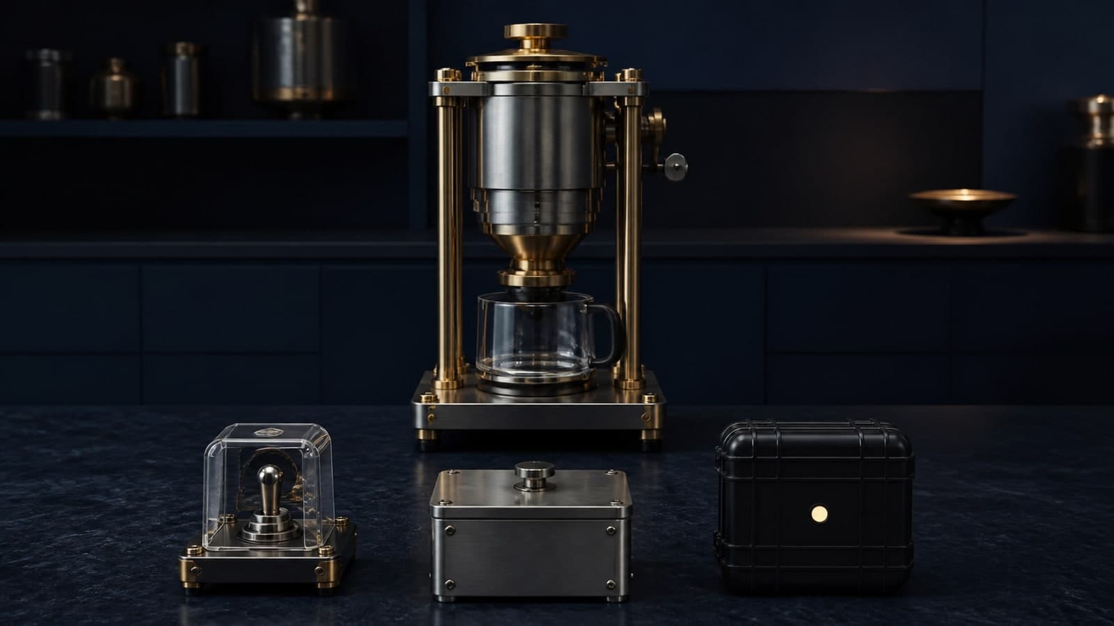 A brass-and-steel apparatus stands behind a covered toggle, a closed metal box, and a black case on a dark workbench.
