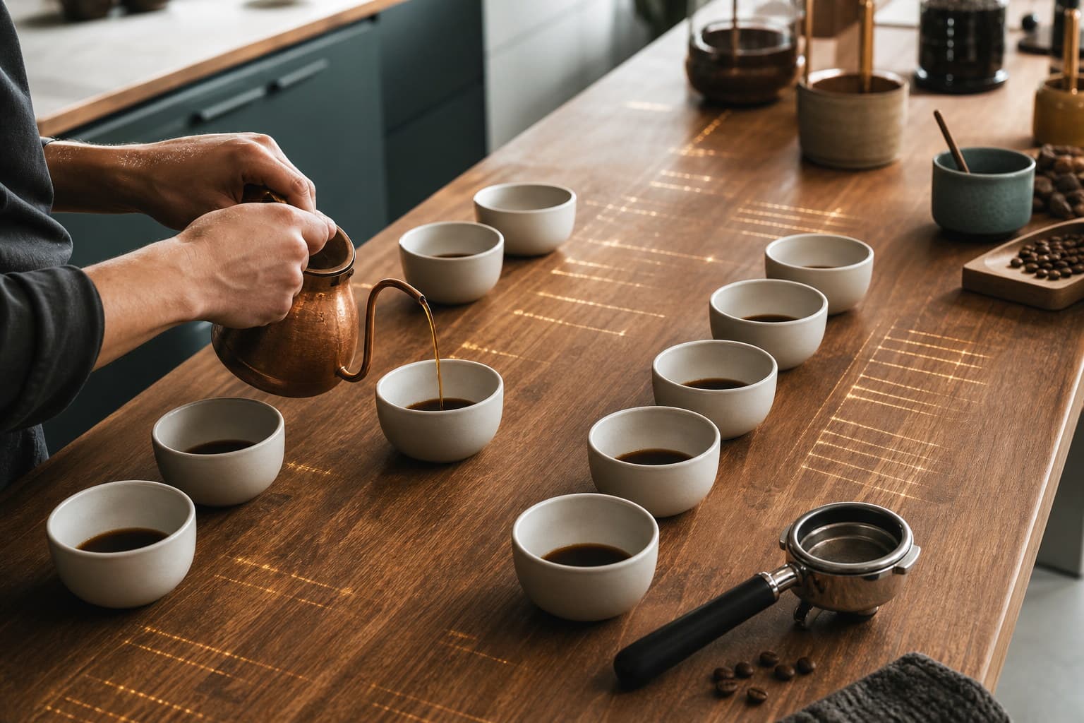A barista pours a small coffee sample into one of many ceramic cupping bowls arranged across a long workbench.
