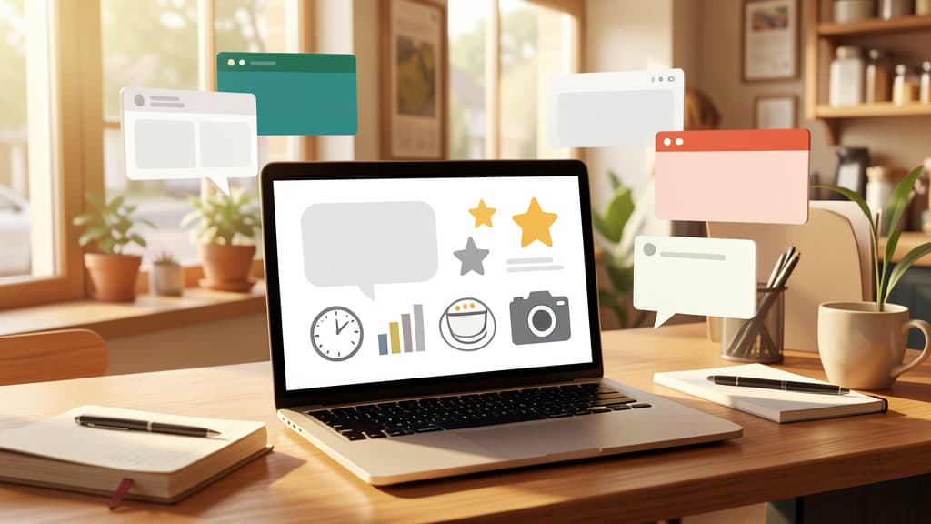 A small-business operations desk with abstract review, insight, menu, hours, and photo controls on a laptop dashboard