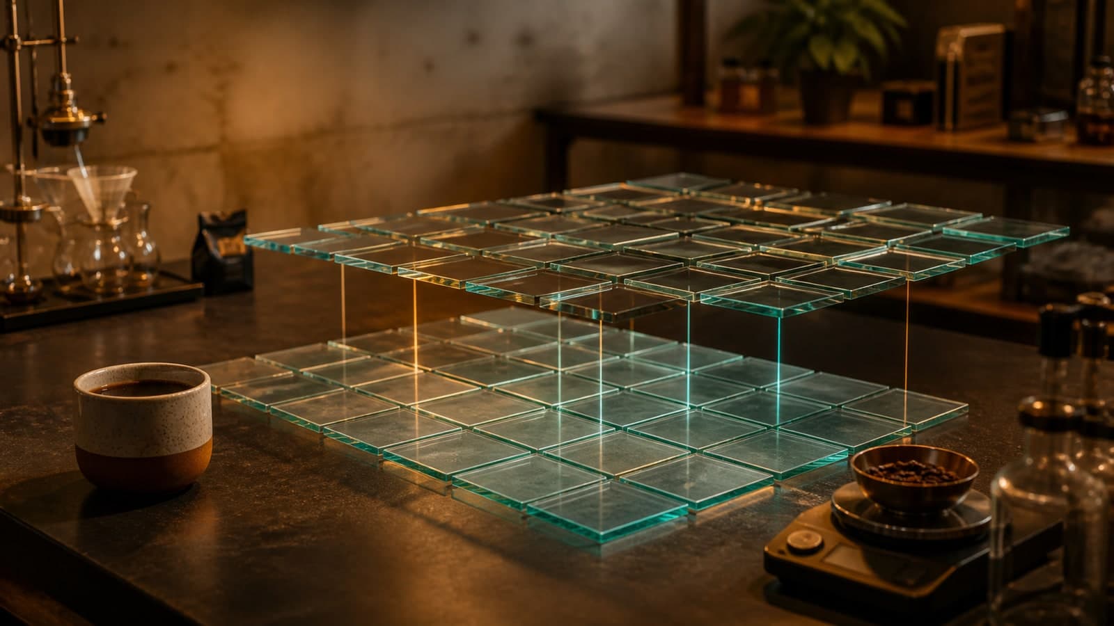 Two blank grids of translucent glass tiles are suspended one above the other on a dark workbench.