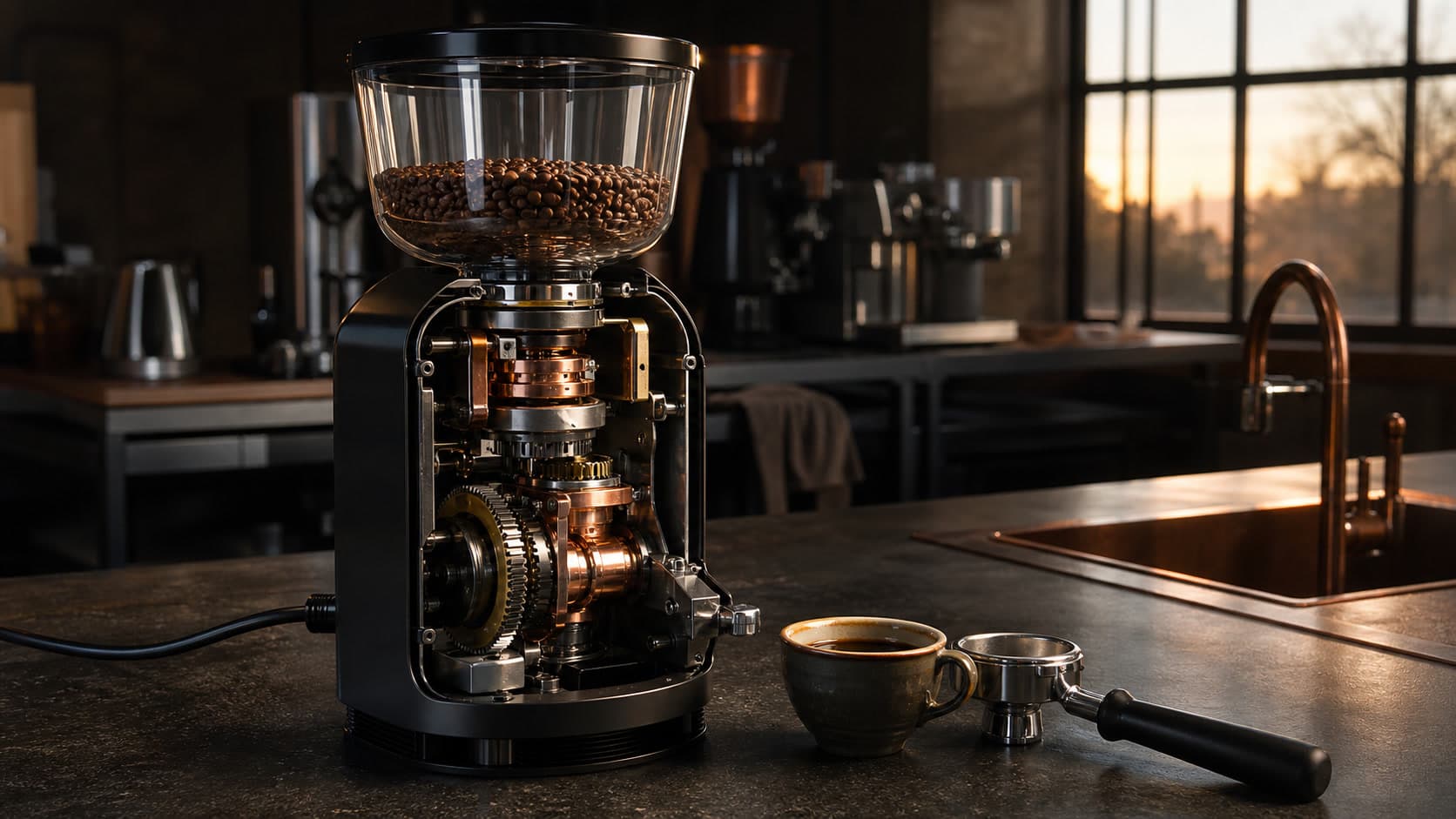 An opened black coffee grinder reveals copper and steel mechanisms beneath a bean-filled hopper, with a power cable, coffee cup, and portafilter on a coffee-lab bench.