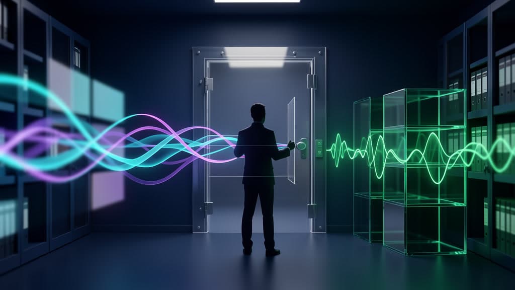 Cool-toned abstract healthcare AI routing gate holding back sensitive signals before they reach sealed records.