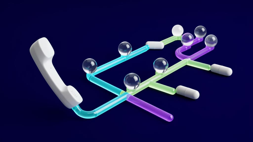 A blank white phone handset connects to branching cyan, green, and violet glass call paths with unlabeled glass spheres, suggesting a healthcare voice-agent rehearsal with no text or logos.