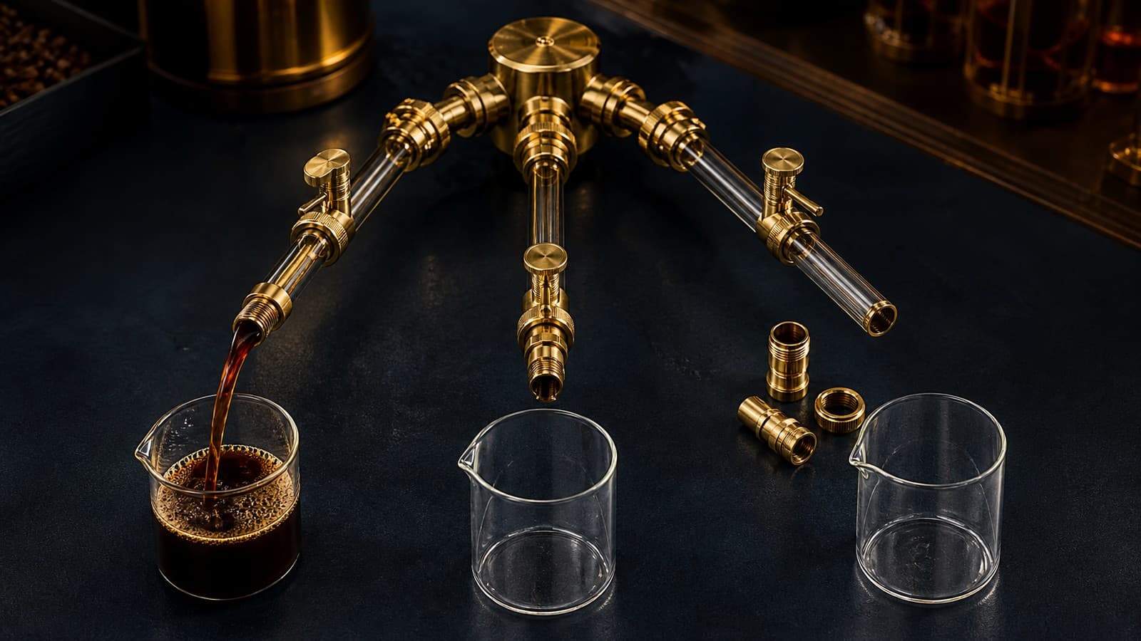 A brass hub feeds three glass channels: one pours amber liquid, one ends above an empty beaker, and one stops beside loose fittings and an empty beaker.