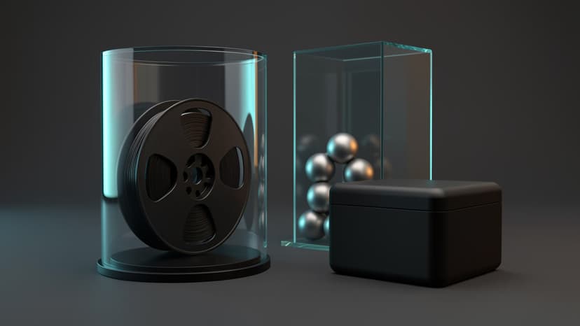 A black metal reel stands inside a clear glass cylinder beside silver spheres behind a second glass wall and a plain black case.