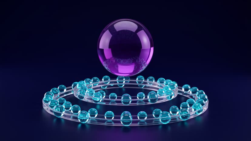 A large translucent violet sphere floats above two concentric clear glass rings populated by many smaller cyan glass spheres on a dark navy background.