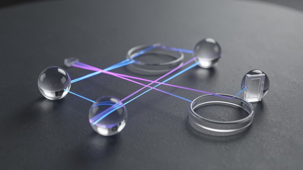 Glass nodes connected by cyan and violet paths, with several paths passing through blank transparent gate rings and one path stopped at a closed gate.
