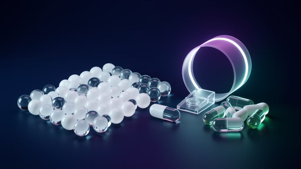 Rows of blank glass capsules clustered in groups of increasing size on a dark tabletop, next to a small transparent gate, with one loop of capsules curling back past the gate toward the start