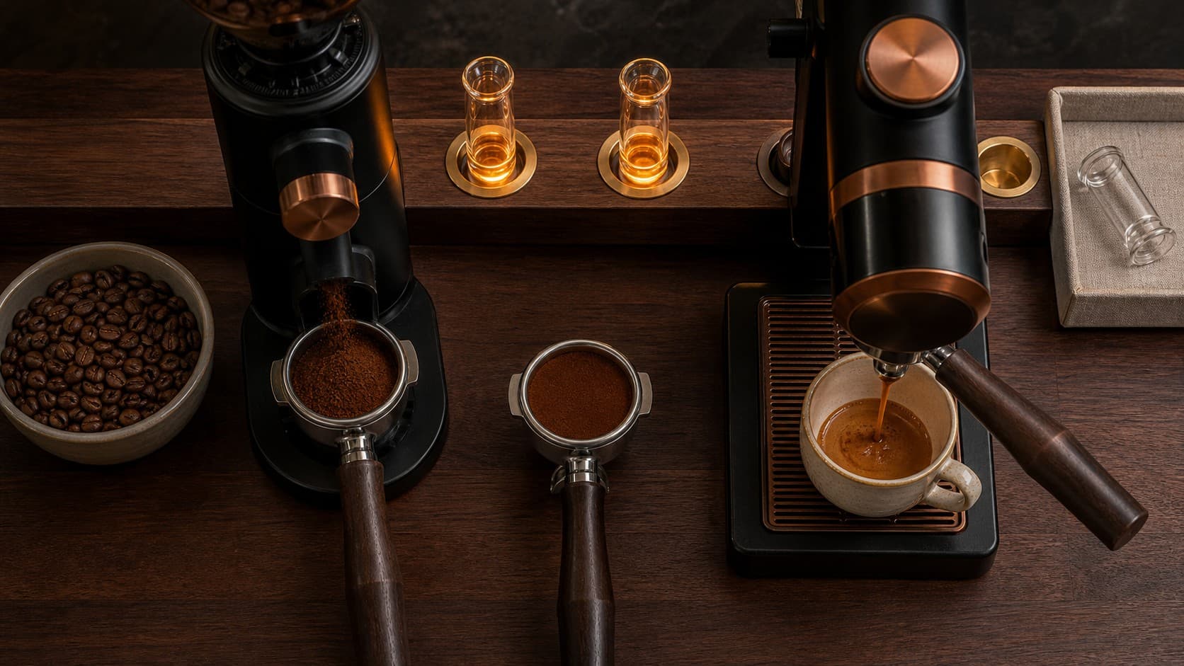 A bowl of coffee beans, a grinder dispensing grounds into one portafilter, a second portafilter filled with grounds, two upright glass vessels, an espresso machine pouring coffee into a cup, and one glass vessel on its side on a tray.