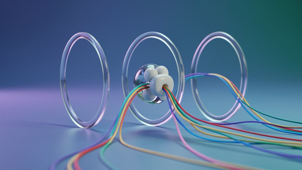 Three transparent rings and a glass application core connected by colorful dependency strands illustrate compile, deploy, and behavior as successive migration tests.