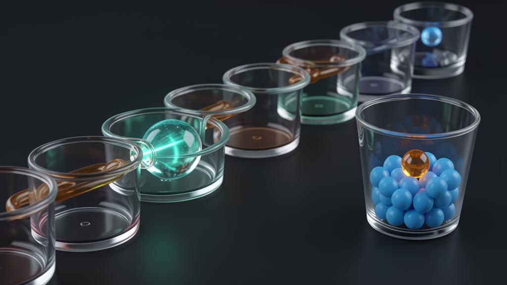 Cool-toned glass memory capsules on a dark studio surface, with one glowing stale capsule diverted into a separate quarantine lane.