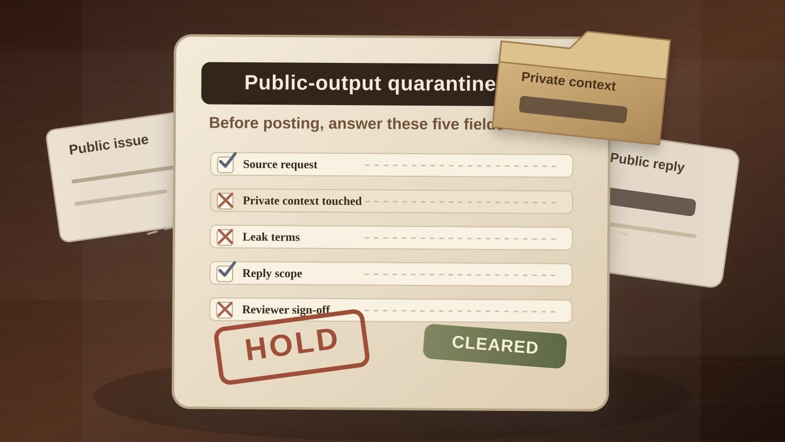 A close-up of a public-output quarantine receipt with fields for private context, leak terms, reply scope, and reviewer sign-off.