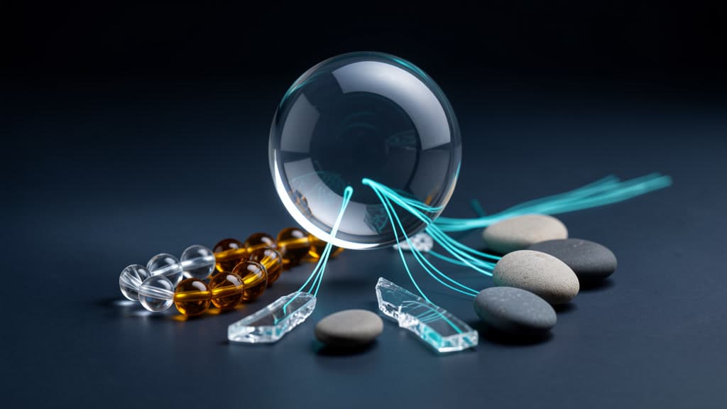 Clear beads, amber beads, fractured glass shards, matte stones, and cyan light paths converge through a single glass lens.
