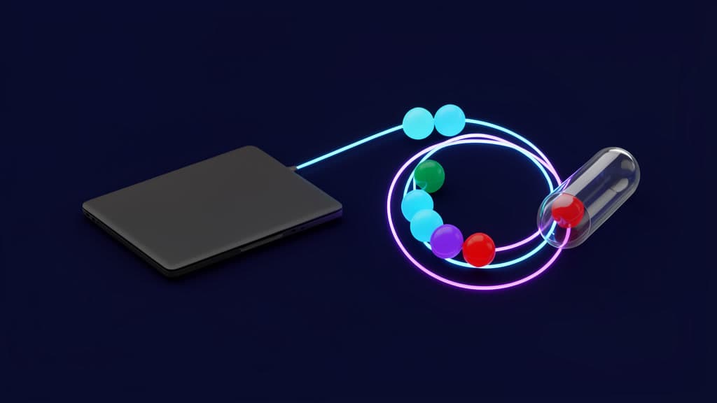 A closed dark laptop slab with a small glowing agent capsule tethered to a timed loop of light and a single red thermal bead, set against midnight navy with cyan, violet, and emerald accents.
