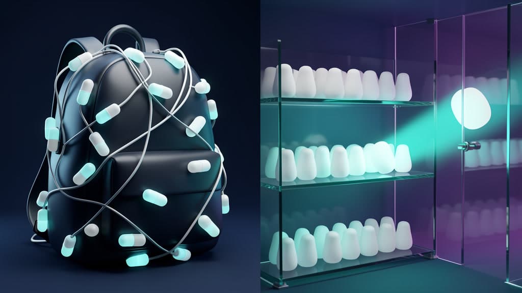 A before and after explainer: on the left a cluttered toolbelt silhouette weighed down with many identical blank capsules, on the right a clean searchable shelf where a single selected capsule moves toward an invocation gate.