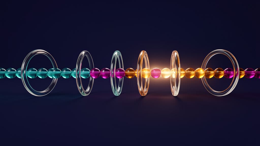 Cyan, magenta, and amber glass beads cross six upright transparent rings, with the horizontal light brightest near the center.