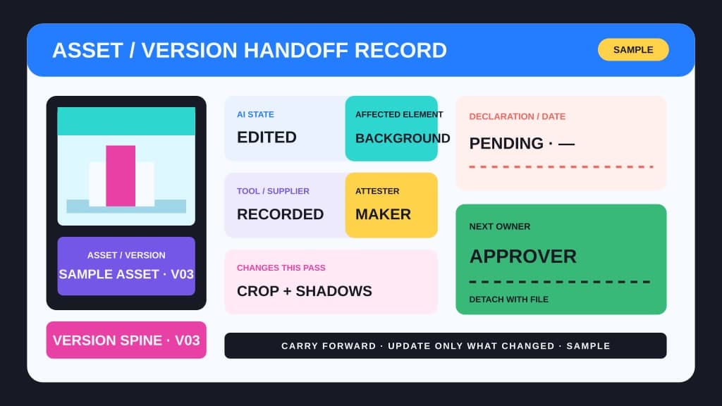 A sample asset-version handoff record lists AI-edited state, affected background, recorded supplier, attester, crop and shadow changes, pending declaration, and approver as next owner.