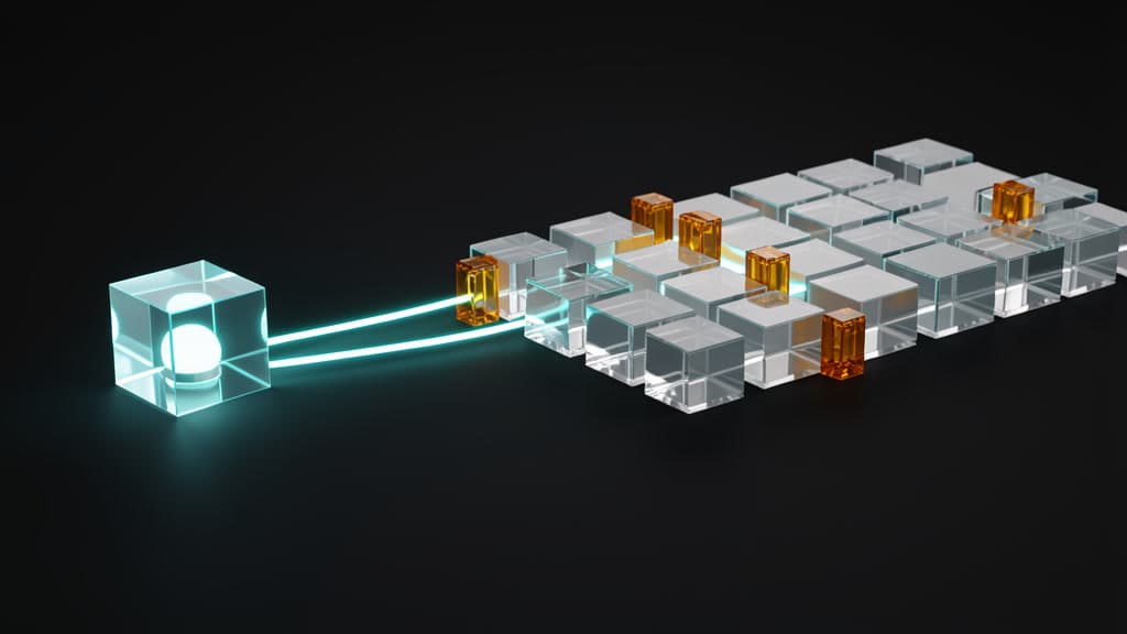 A physical control rail of blank glass repository nodes branches from one lit pilot block toward rows of sealed nodes, each paused behind a small amber stop gate, with faint blue traces running between them.