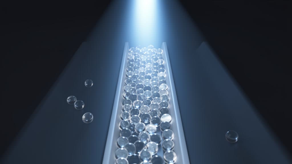 Small glass beads representing local AI app settings being sorted into lanes by a single central policy light, with no text or interface elements.
