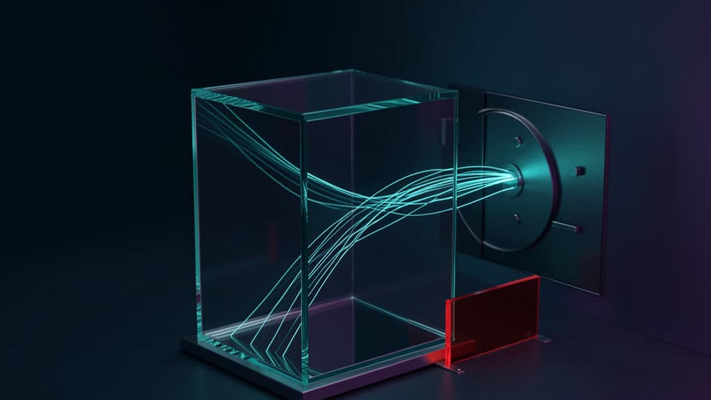 A dark studio holding a single blank glass cube. Thin glowing evidence threads run into one face of the cube from a stack outside it; a small blank red glass barrier sits just beyond the cube's edge; behind it is a sealed, faceted vault shape. Cool navy, cyan, emerald, and violet light, restrained white highlights, no text or screens anywhere.