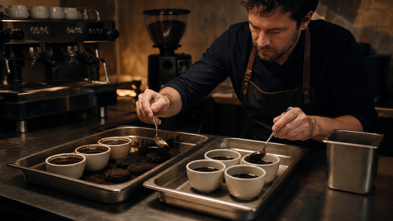 One barista uses two metal spoons over two separate stainless trays containing ceramic cupping bowls and dark coffee samples.