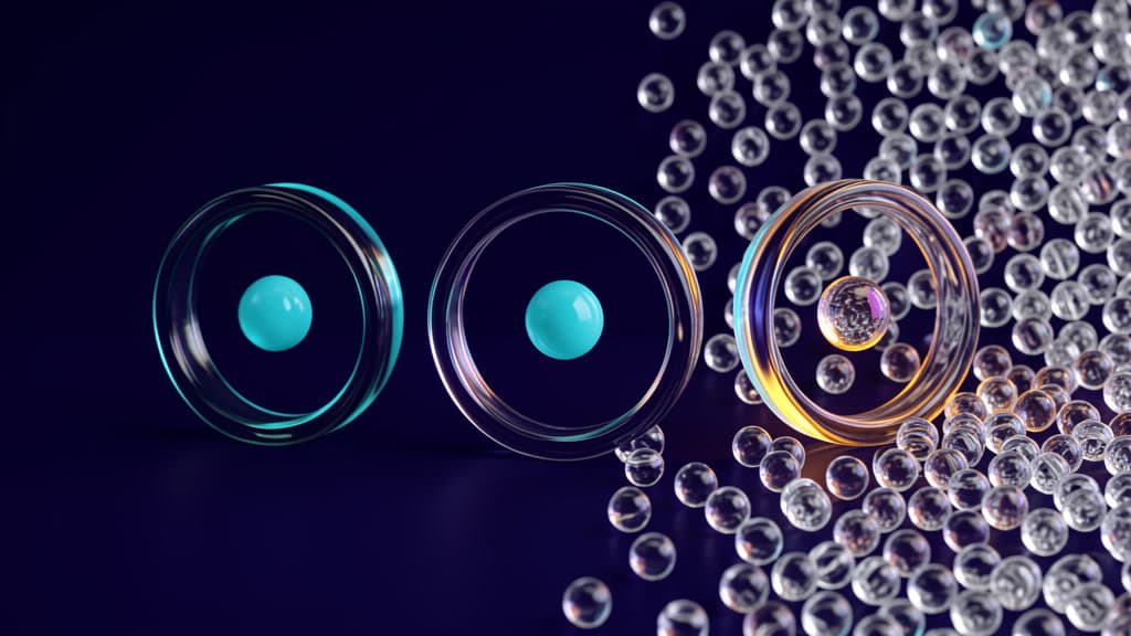 Three glass rings surround two cyan spheres and one small amber-and-violet glass sphere on a dark indigo background, with clear beads clustered around the rightmost ring.