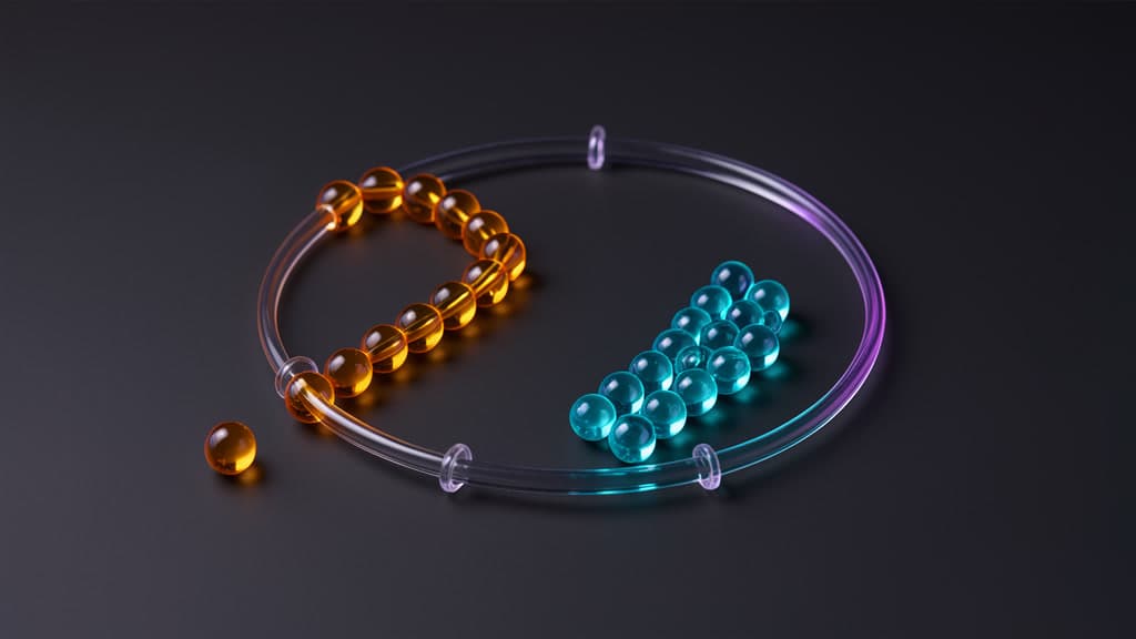 Amber beads follow a curved path inside a clear circular hoop while cyan beads form several parallel rows on the same dark surface.