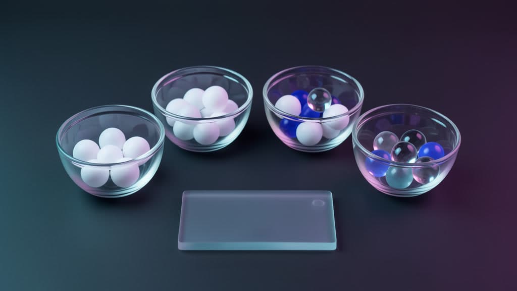 Four unlabeled glass bowls hold blank tokens beside a frosted message tile, representing an inbox behavior-baseline card without exposing real email content.