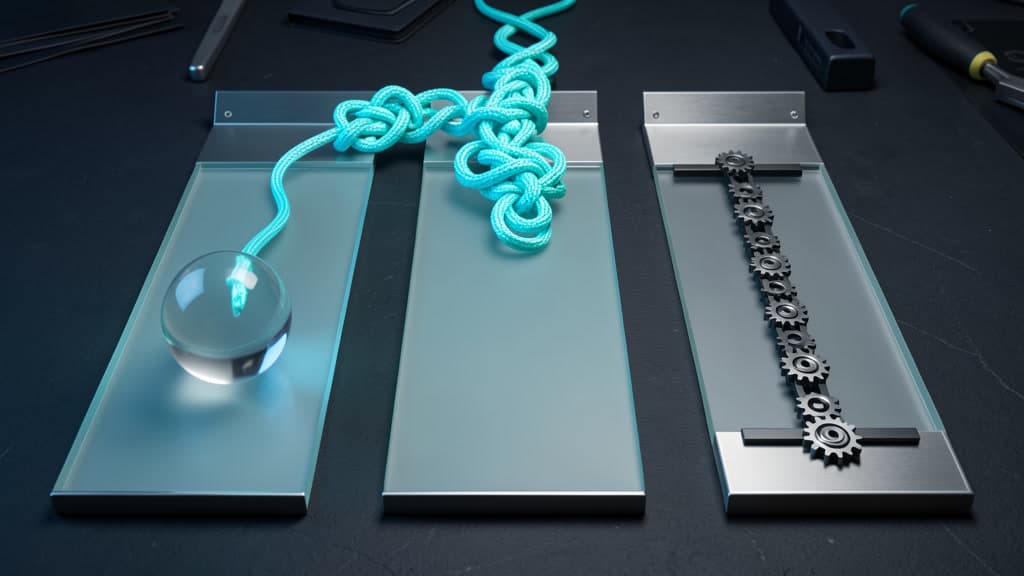 A physical work order dissolving into three clean mechanical workflow lanes - one keeping a small glowing AI core, one routing through a review gate, one fully mechanical - in a cool slate, navy, and cyan palette.
