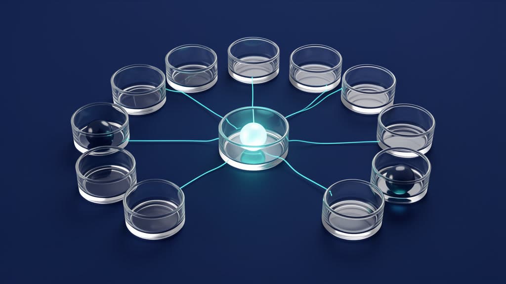 A circle of blank glass wells connected by cyan light, with a central glowing bead representing a paused AI workflow state.
