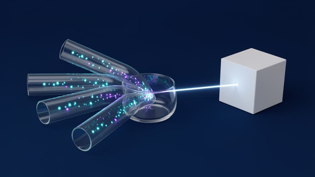 Many glowing glass fibers from separate sources converge into one quiet central glass hub, then leave by a single clean outbound path toward a blank package.