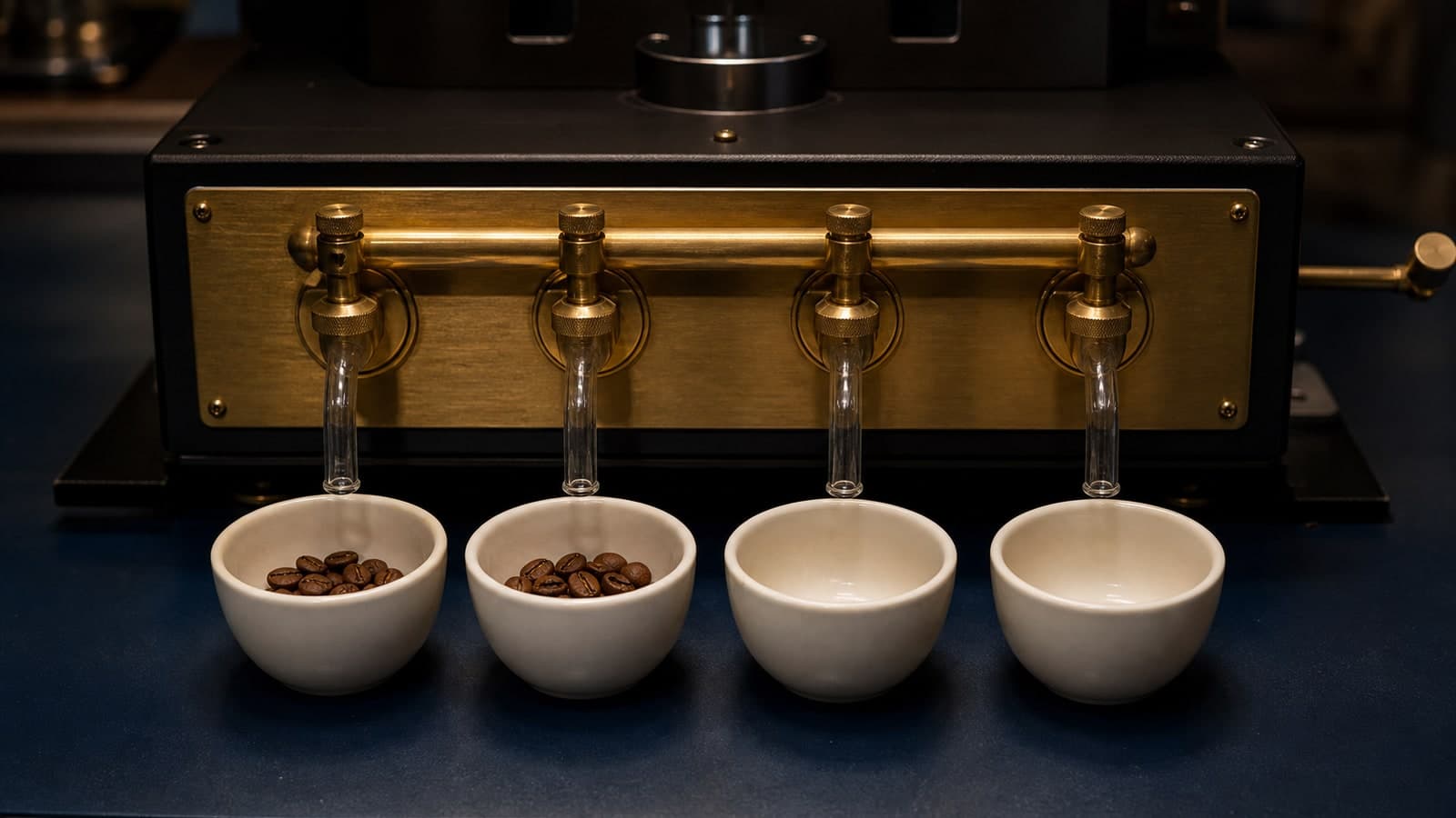 Four cream ceramic vessels sit beneath four clear glass outlets on a brass apparatus; the first two contain dark oval objects and the other two are empty.