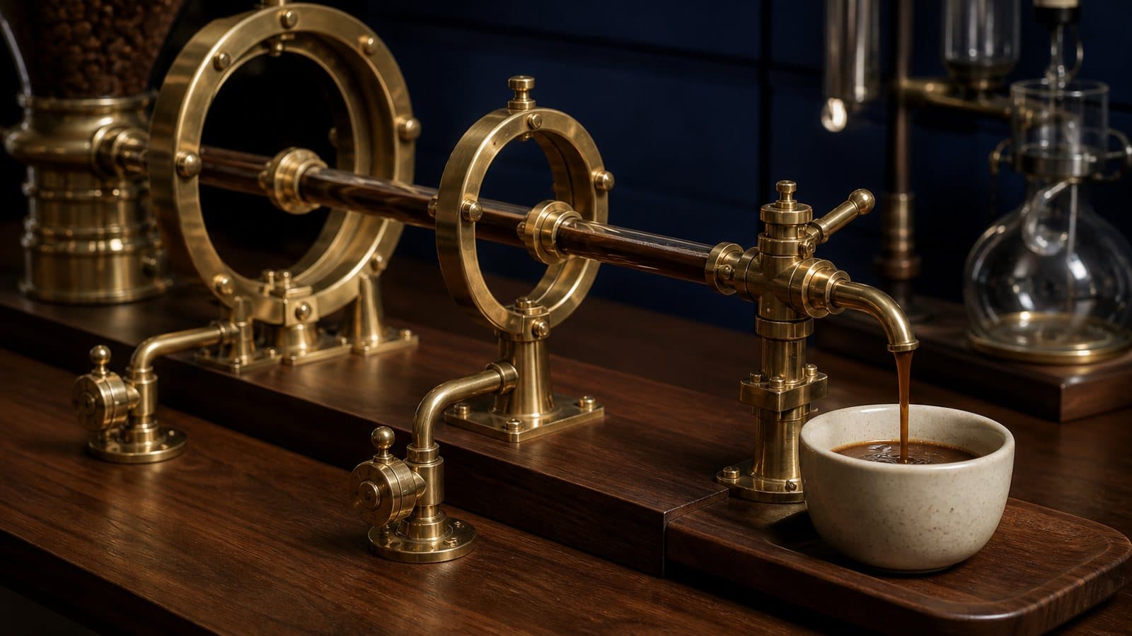 A brass conduit passes through two circular gates and a final valve before pouring into a cream ceramic vessel, while two separate small valves remain closed.