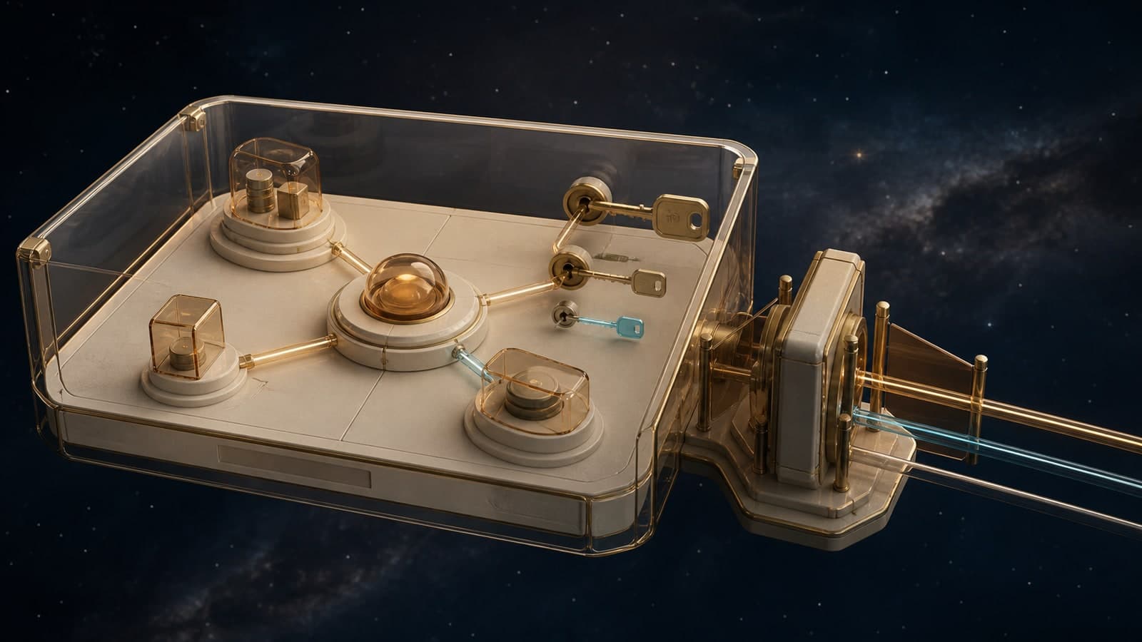 A translucent chamber contains an agent node and three workflow branches, with physical keys opening separate compartments and outside connectors stopping at a guarded gateway.