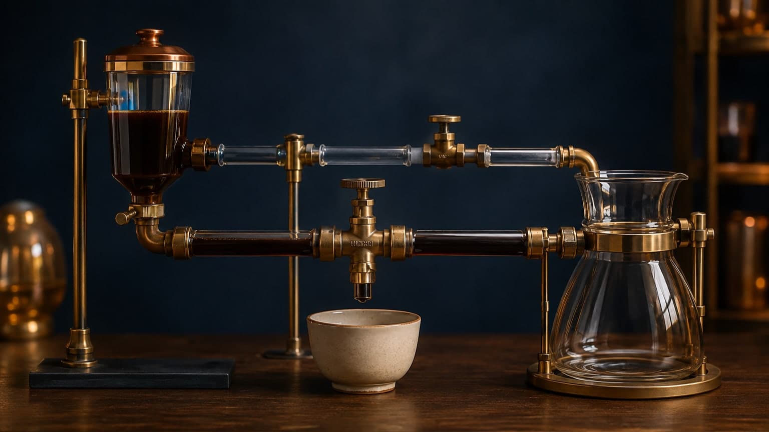 A brass line from a glass processing chamber stops at a sampling valve and ceramic inspection vessel before reaching a shared glass container.