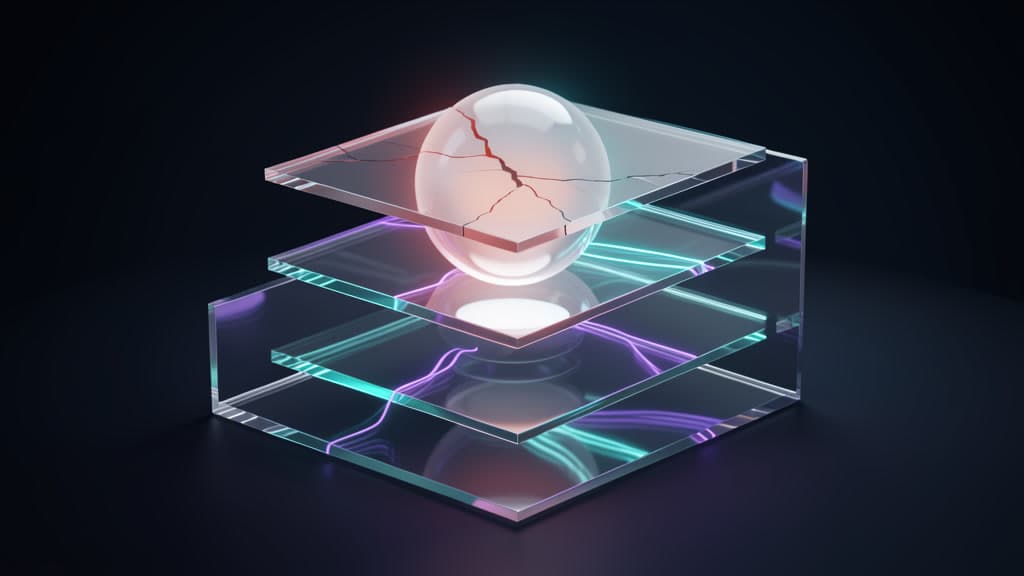 Layered translucent blocks representing a canonical metric, a freshness check, and a reference doc feeding a glowing analytics answer, with one block visibly cracked to show drift.