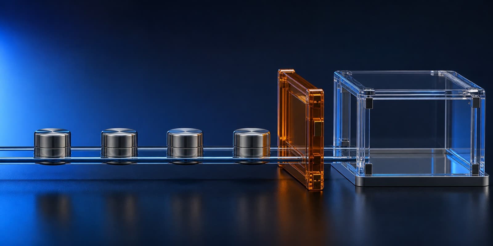 Four neutral metal capsules queue on a glass rail to the left of a closed amber gate, with a transparent chamber beyond the gate on the right.