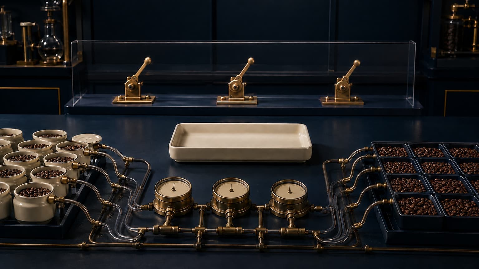 Unmarked sample containers and inventory trays feed passive gauges, while an empty approval tray separates them from untouched adjustment levers behind glass.