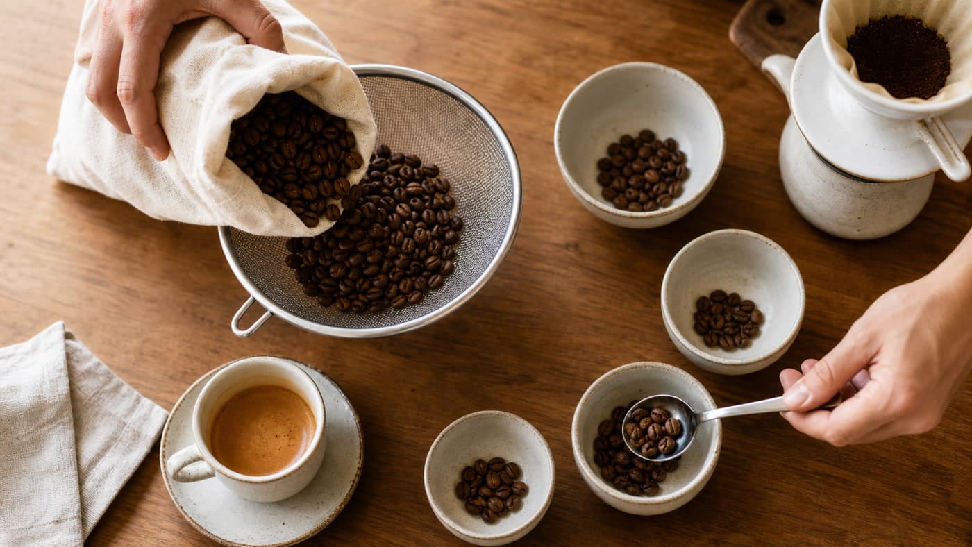 One hand tips roasted coffee beans from a cloth bag into a metal sieve while another holds a spoonful of beans above one of four unmarked ceramic bowls, beside an espresso cup and a pour-over dripper.