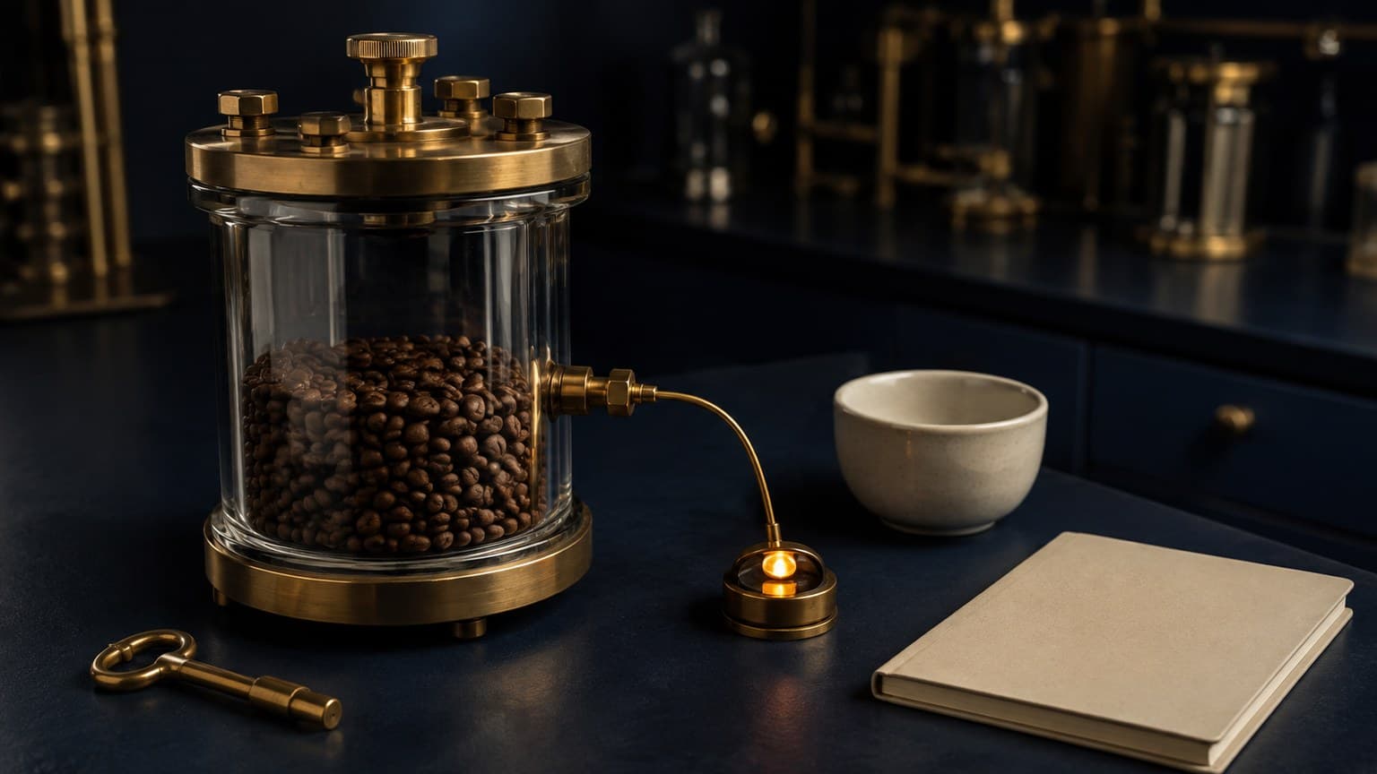 A sealed glass chamber of dark roasted pieces connects to an amber lamp, while a brass key, empty ceramic vessel, and blank notebook remain nearby.