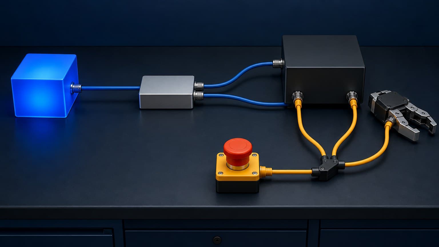 A blue cube connects through a silver bridge to a plain controller, while a separate amber cable runs from a red cutoff through a junction to the controller and an idle robotic gripper.