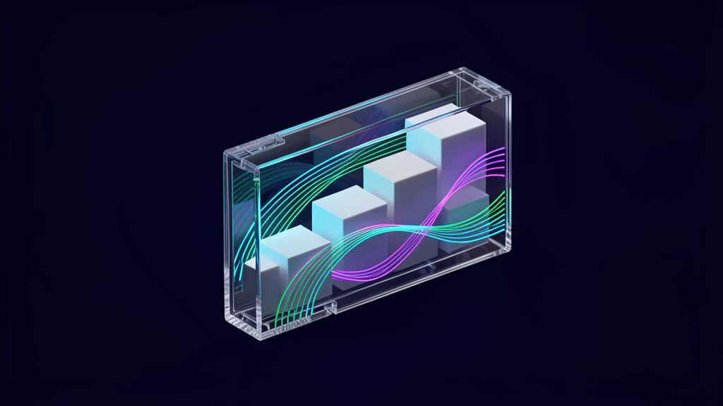 A translucent glass cassette cartridge resting on a dark studio table, holding glowing path threads, blank action blocks, and ribboned network traces in navy, cyan, emerald, and violet, with no text or labels.