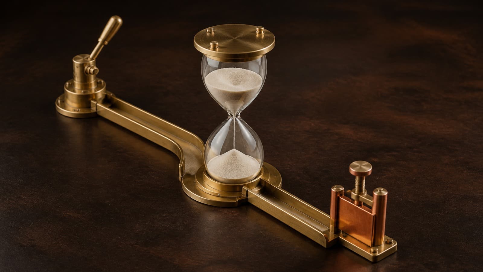 Two empty brass channels leave a central hourglass: one reaches a raised approval lever, while the other ends at a closed copper stop gate.