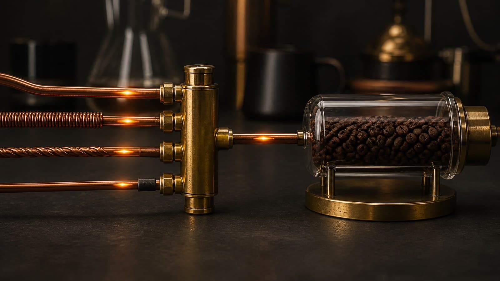 Several copper signal tubes meet at a central brass manifold before one tube continues to a glass vessel.