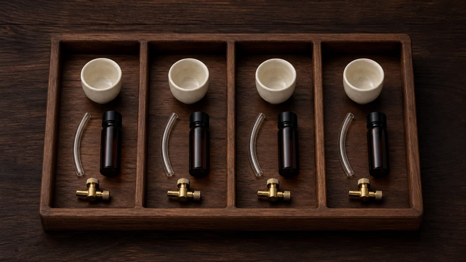 Four divided wooden compartments each hold a white ceramic vessel, an amber vial, a clear tube, and a brass valve.