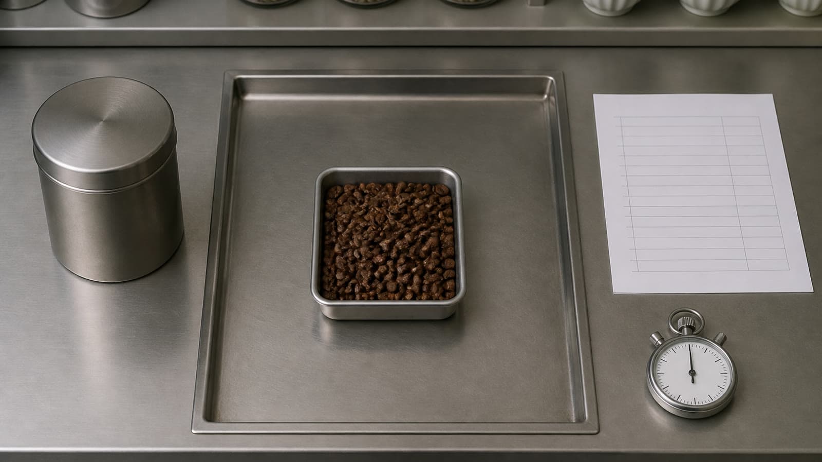 A small measured tray of roasted seeds inside a larger steel tray, with a closed canister, blank ruled sheet, and analog stopwatch outside it.