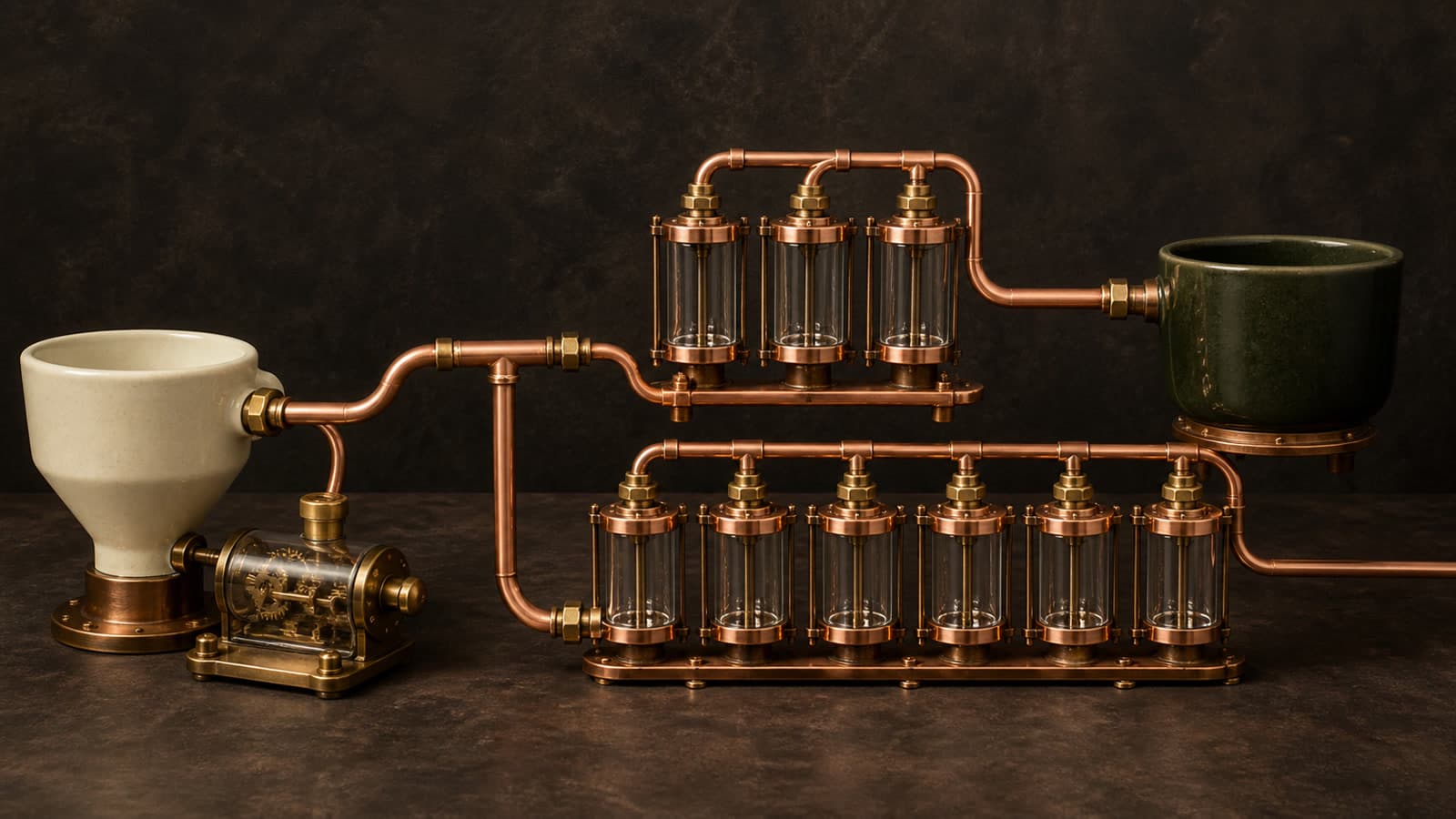 A cream vessel connects by copper pipes to an upper group of three glass chambers and a lower group of six, with a green vessel at upper right and a brass mechanism beside the source.